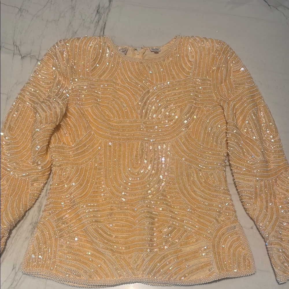 Laurence Kazar Orange Sequin Fitted Long Sleeve Blouse